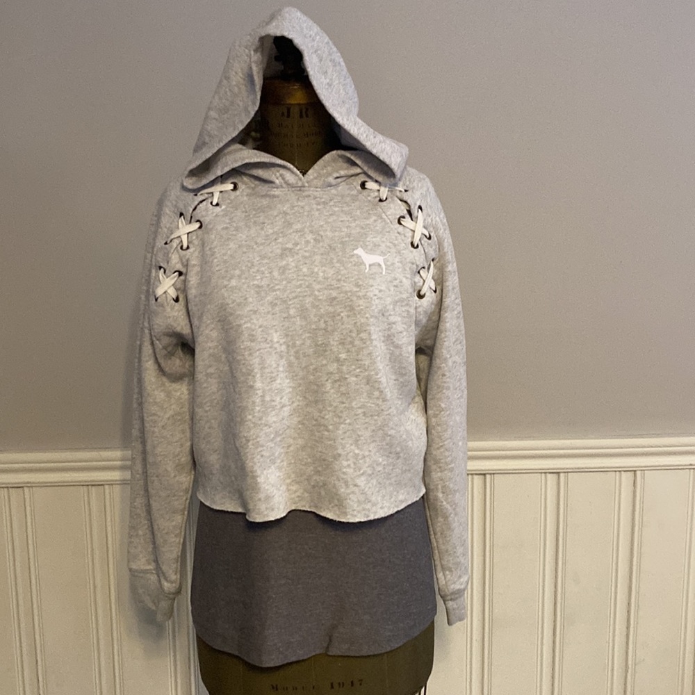 PINK - (Victoria’s Secret) - sweatshirt hoodie - light grey with lace up detail - Picture 2 of 10